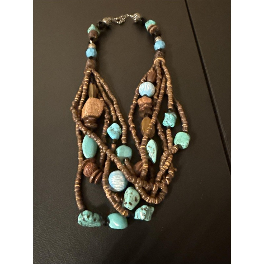 Vintage You And I Chunky Turquoise Color And Wood Necklace